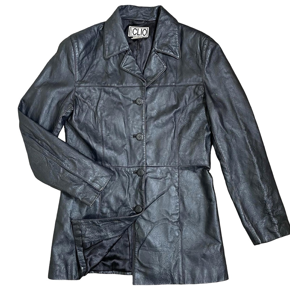 Vintage Clio Leather Trench Coat Jacket Women 8 Black Button Up 90s Grunge
